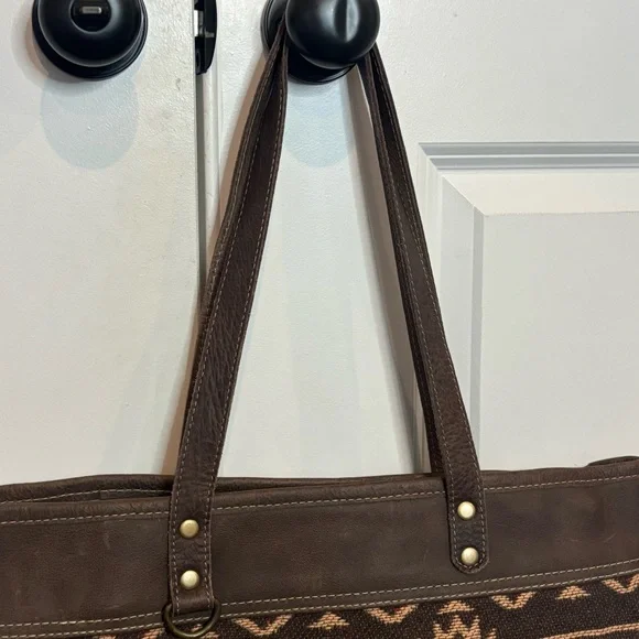 Myra Bag Brick Brown Leather Red Tan Embroidered Cotton Canvas Tote - Picture 4 of 11